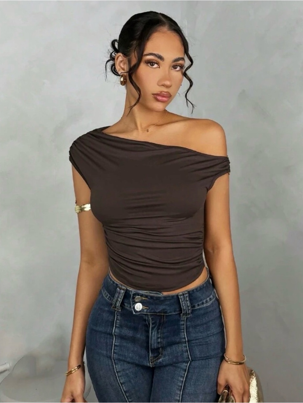 Brown Asymmetrical Off-Shoulder Top